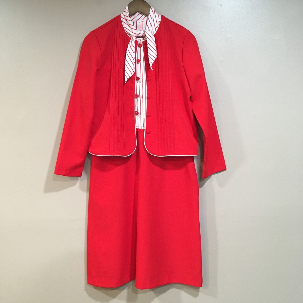 Vtg 60s Bow Neck Dress Blazer Suit Womens 10 Red White Stripe Mad Men Mod Sailor